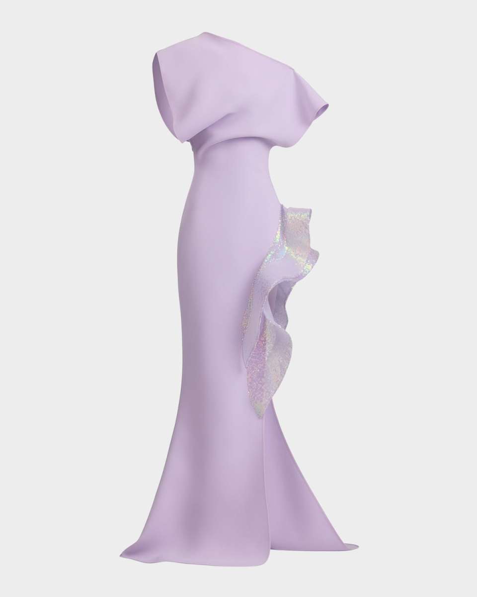 Wishing Sequined-Ruffle Slit One-Shoulder Gown